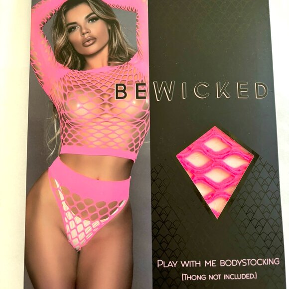 NWT Be Wicked sexy "Play with me" 2-piece fishnet lingerie set, Neon Pink - Picture 3 of 5